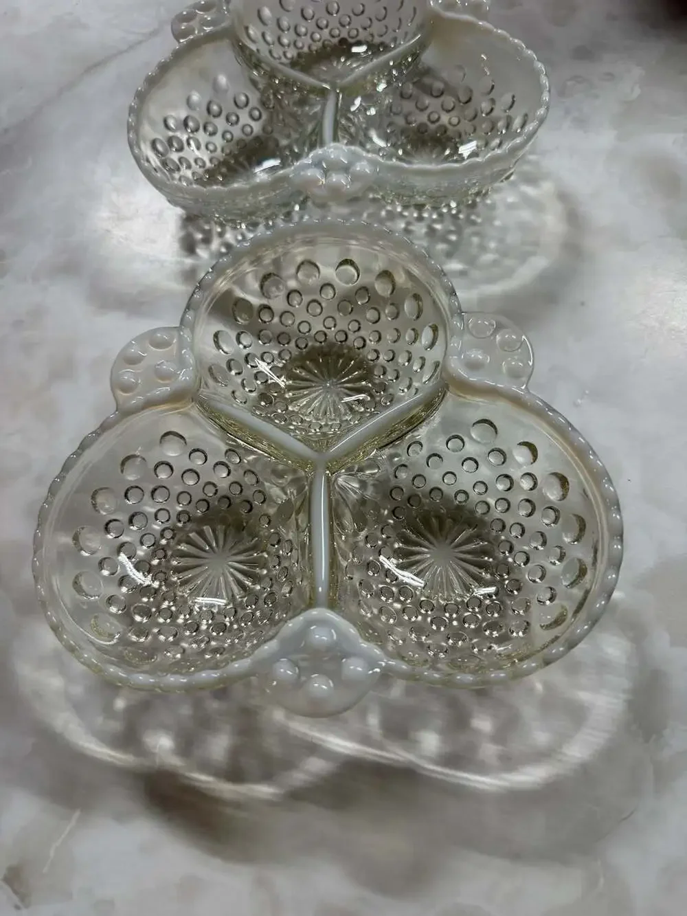 Vintage Moonstone Opalescent Hobnail Three-Section Divided Dishes Set of 2